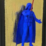 Contemporary pop art sculpture of a blue armored dark figure with red light sword on gold textured background, inspired by iconic sci-fi villain archetypes