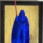 Seb Machten Contemporary pop art sculpture of a blue armored dark figure with red light sword on gold textured background, inspired by iconic sci-fi villain archetypes