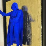 Seb Machten Contemporary pop art sculpture of a blue armored dark figure with red light sword on gold textured background, inspired by iconic sci-fi villain archetypes