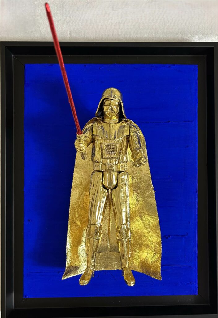 Seb Machten Contemporary pop art sculpture of a gold armored dark figure with red light sword on deep blue background, inspired by iconic sci-fi villain archetypes