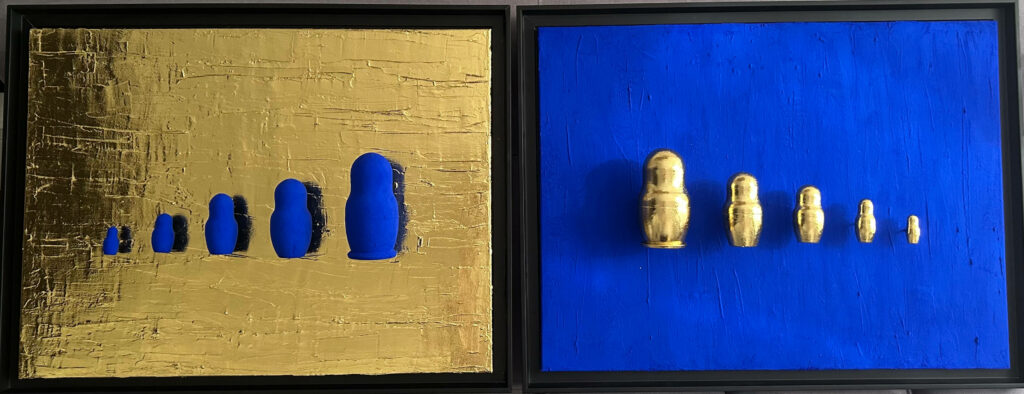 Seb Machten contemporary artwork with blue matryoshka figures arranged in progression on textured gold leaf surface background