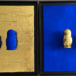 Seb Machten contemporary artwork with blue matryoshka figures arranged in progression on textured gold leaf surface background