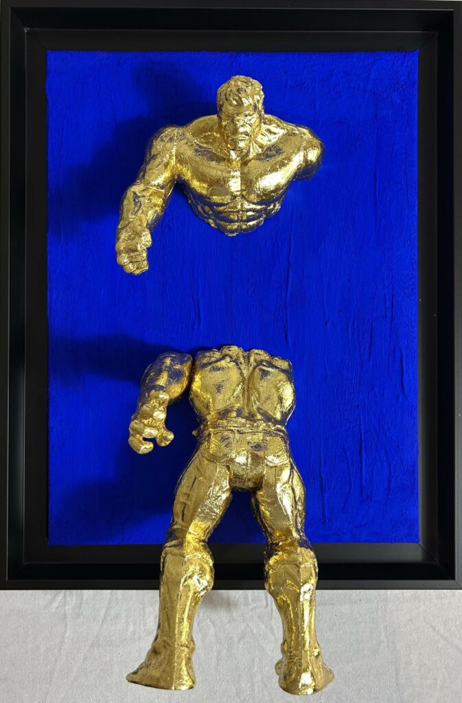 Seb Machten contemporary artwork with fragmented golden hero figure on deep ultramarine surface