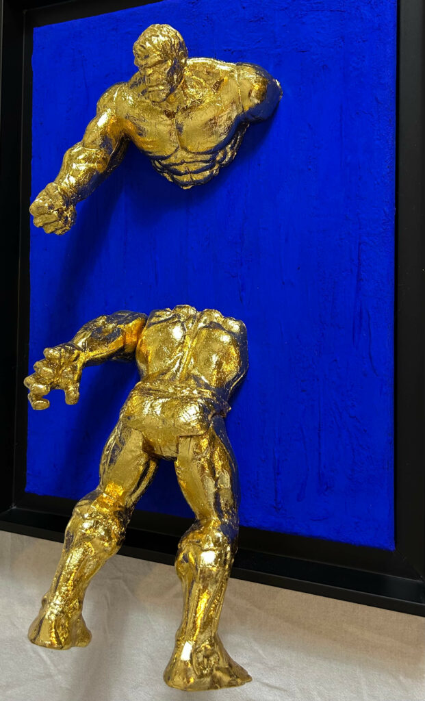 Seb Machten contemporary artwork with fragmented golden hero figure on deep ultramarine surface