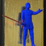 Seb Machten contemporary artwork with ultramarine Kylo Ren inspired figure and red lightsaber on gold leaf surface
