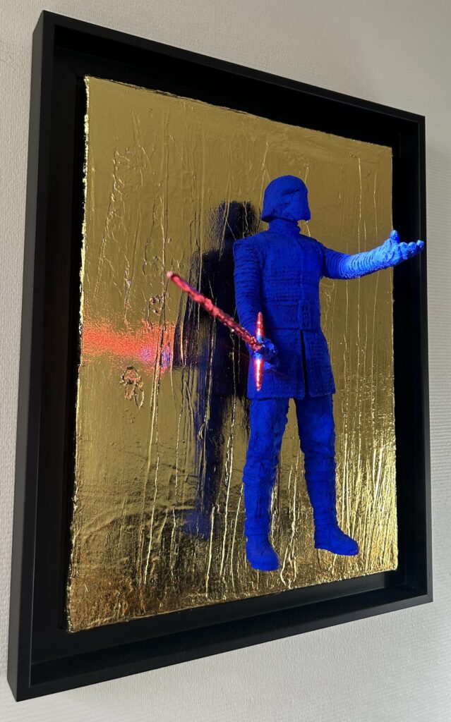 Seb Machten contemporary artwork with ultramarine Kylo Ren inspired figure and red lightsaber on gold leaf surface