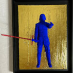 Seb Machten contemporary artwork with ultramarine Kylo Ren inspired figure and red lightsaber on gold leaf surface