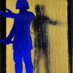 Seb Machten contemporary artwork with ultramarine Kylo Ren inspired figure and red lightsaber on gold leaf surface
