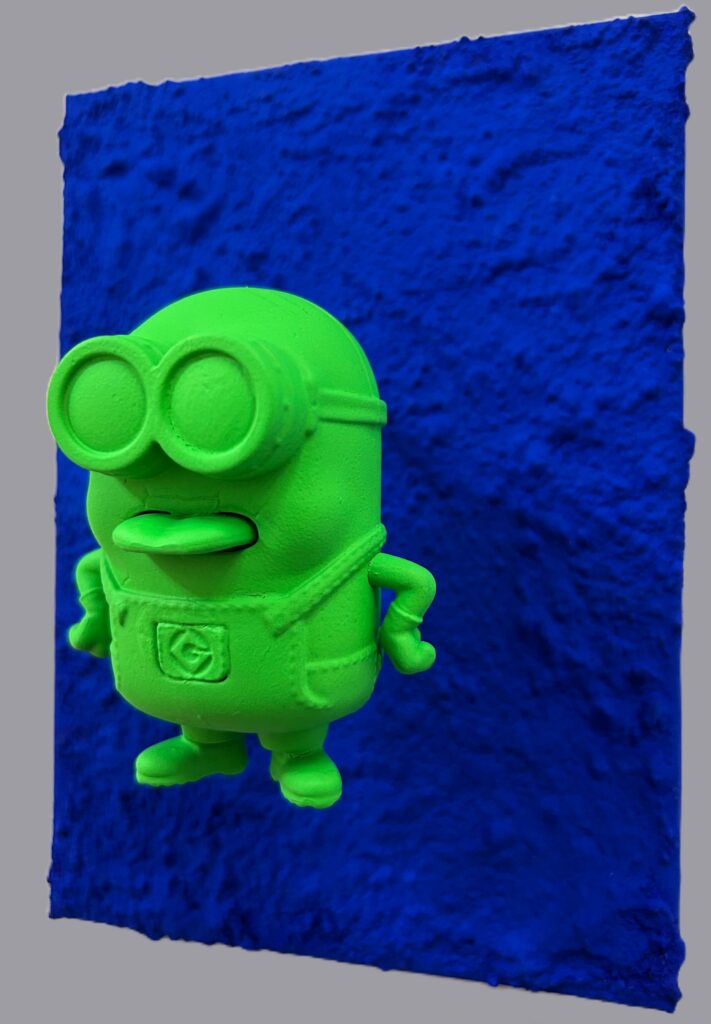 Seb Machten contemporary pop art sculpture with fluorescent orange minion-inspired figure on ultramarine textured surface
